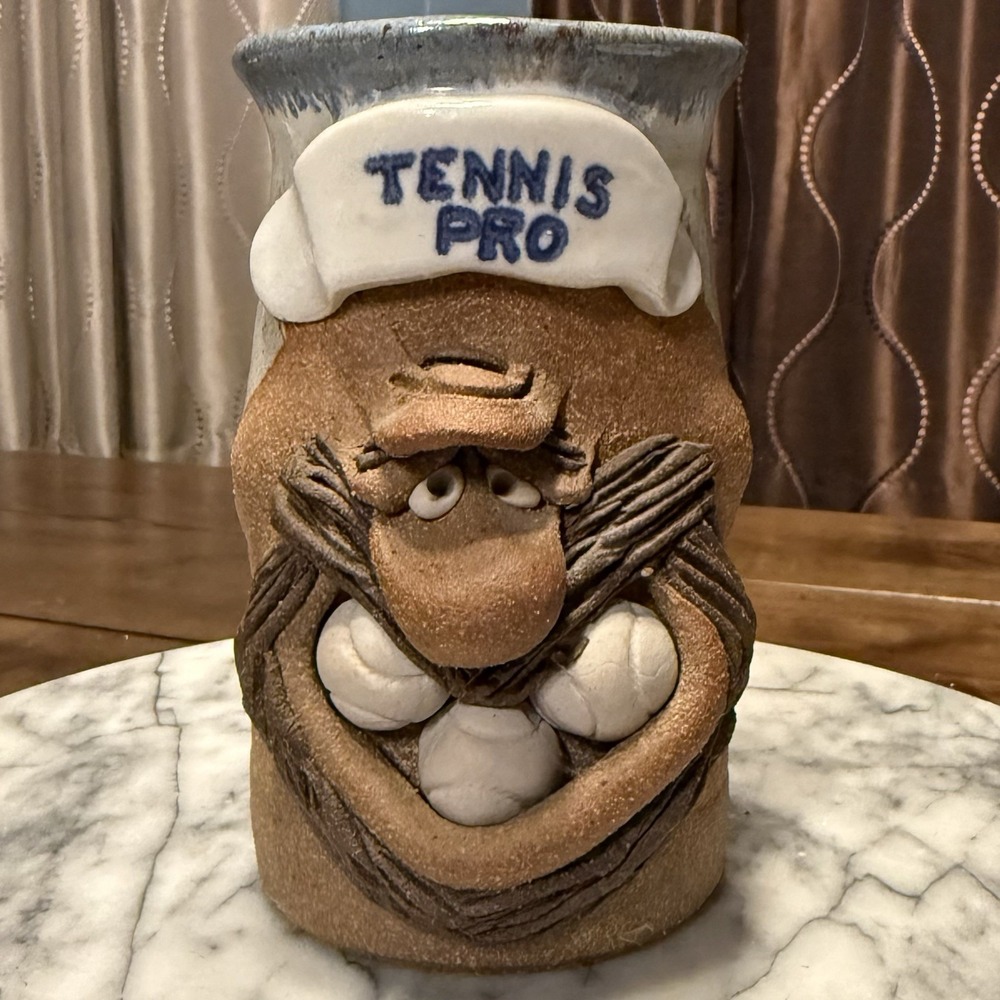 VTG 80s Mark Hines Stoneware Pottery Funny Ugly Face Mug‎ Cup TENNIS PRO Signed
